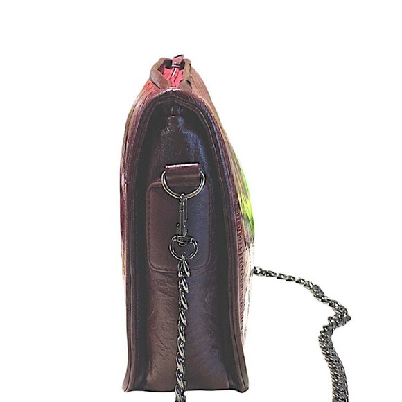 Eel Skin Handbag Rectangular Clutch Crossbody Dark Cherry w/Chain-link Strap - Picture 5 of 16